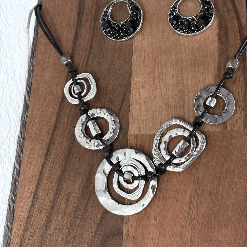 Chico's Statement Necklace Lot Silver Tone Open Hoop Boho Black Crystal Earring